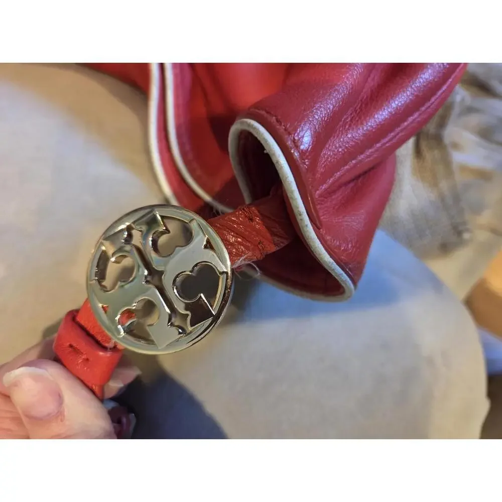Tory Burch Red Leather boho Shoulder Bag with Logo Accent